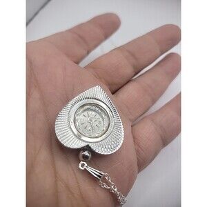 Vintage Vantage Watch Necklace Silver Tone Heart Shape Ribbed Hand Wound